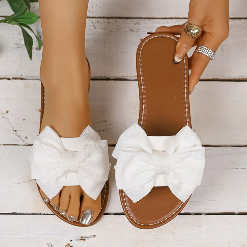 

2026 Summer Flat Heel Bowknot Slippers Women Plus Size 43 Open Toe Slides Sandals Woman Outdoor Non Slip Soft Slippers Female