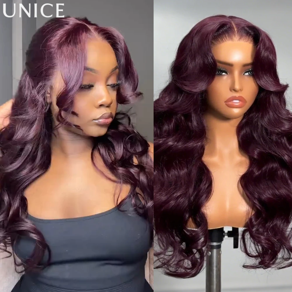 

UNICE Hair 7x5 & 13x4 Lace Purple Black Cherry Loose Wave Human Hair Glueless Wig With Face Framing Curtain Bangs & Drawstring