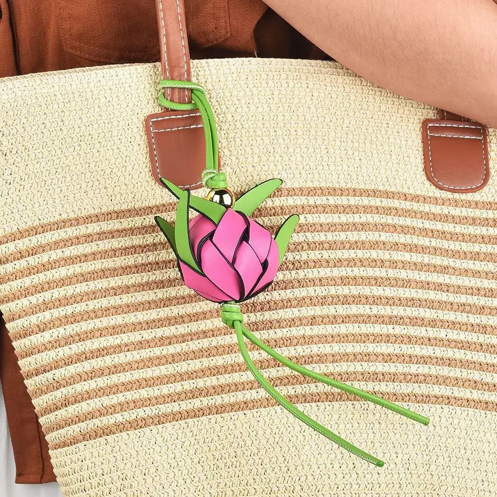 Handmade Woven Premium Dragon Fruit PU Leather Beaded Charm Bag Pendant Celebrity Style Dopamine Accessory Women Gift