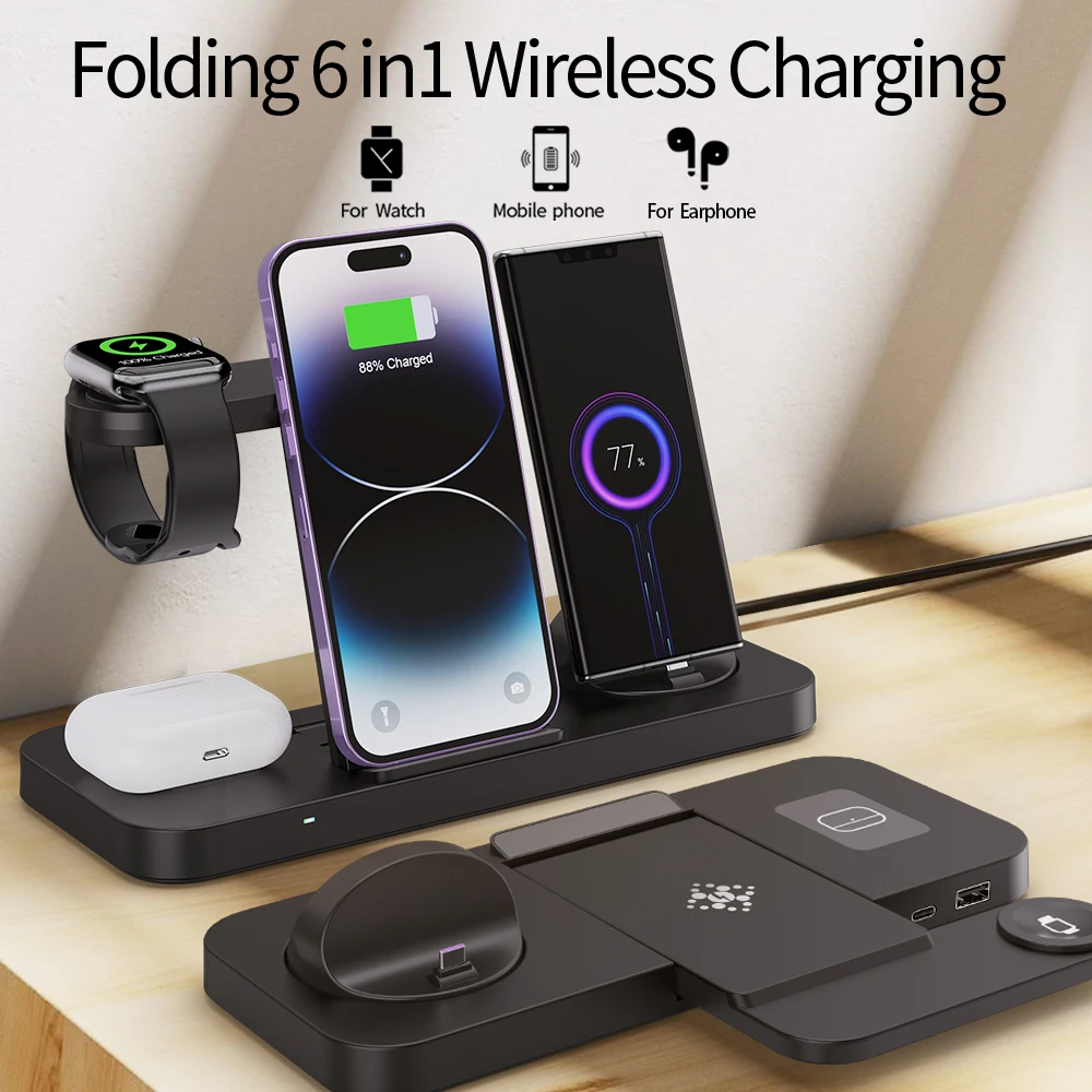 15W 6 in 1 Wireless Charger Stand For iPhone 14 13 12 Samsung Xiaomi Fast Charging Dock Station for Airpods Pro iWatch 7 6