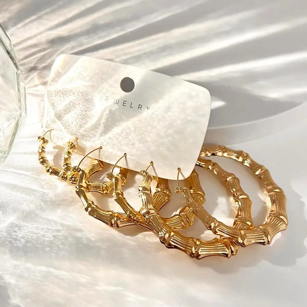 3 Pairs Gold & Silver Plated Bamboo Hoop Earrings, Chunky Circle Earring Set view 5