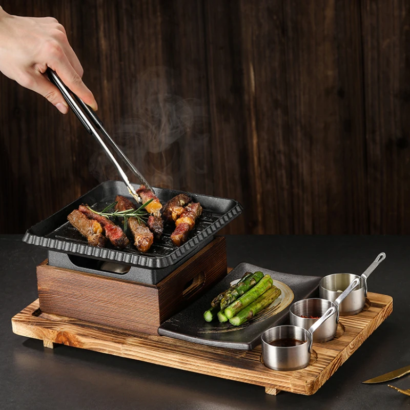 Korean Style Barbecue Stove Set Tableware Cast Iron Barbecue Plate Square Alcohol Stove Heating