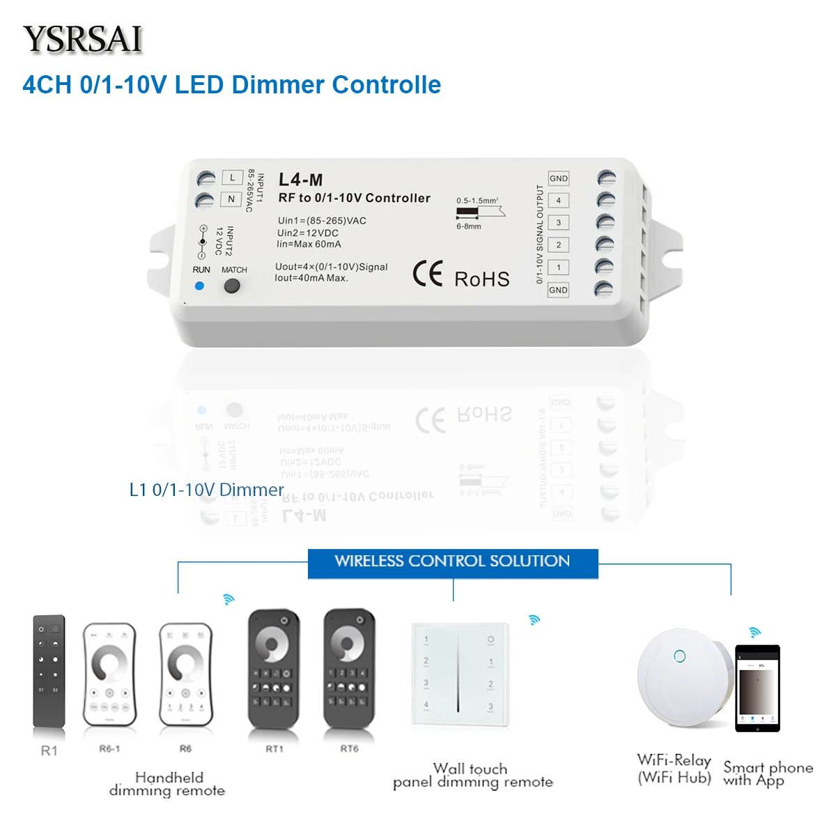 

L4-M 4CH 0-10V 1-10V LED Wireless Dimmer AC85V-220V/ DC12V +2.4G RF 4-Zone Touch Dimming Remote Controller for Single Color LED