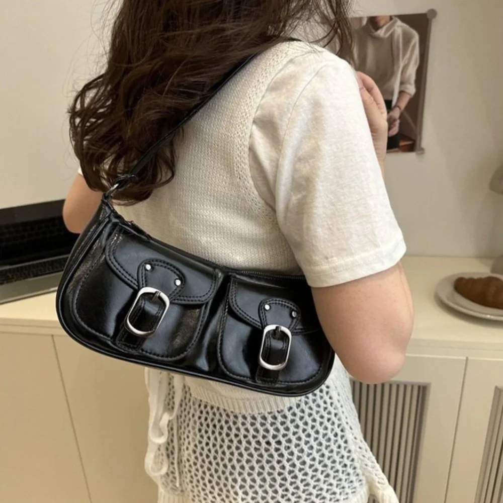 Повседневная винтажная женская сумка подмышки Y2k с двойными карманами из искусственной кожи, сумка на плечо для отдыха в стиле Харадзюку, женская сумка на молнии