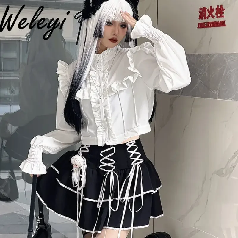 2024 Autumn Gothic Girl Outfits Elegant Long Sleeve Ruffles White Shirt Japanese Punk Style Bandage Cake Short Skirt 2 Piece Set