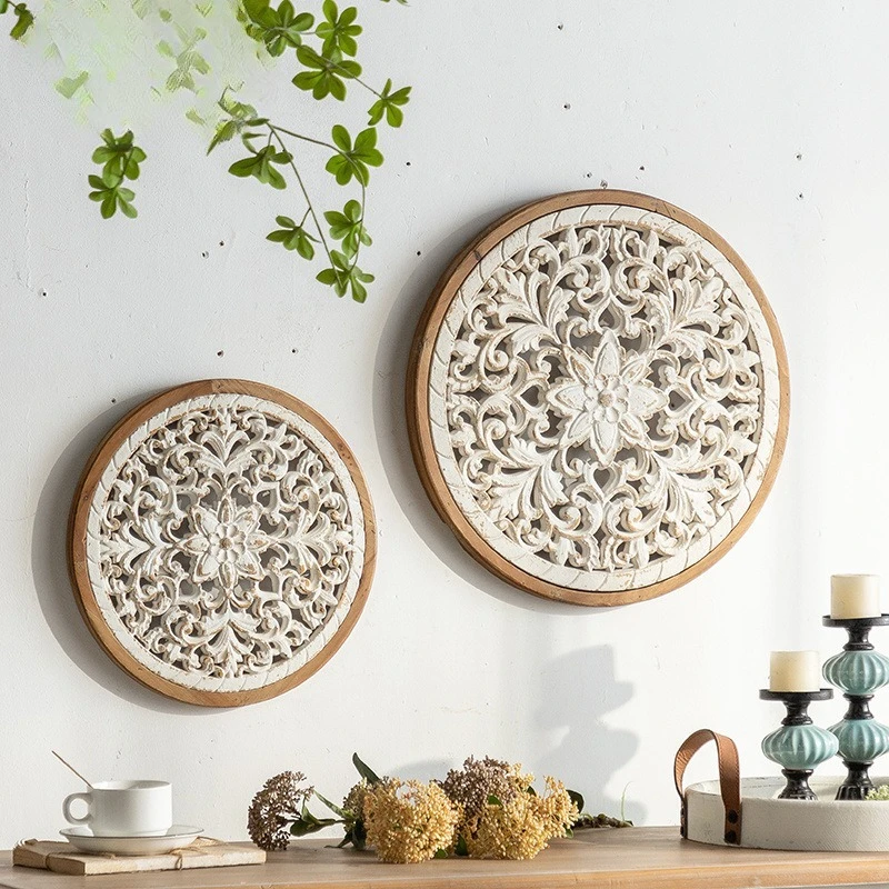 

American antique hollow wall hanging, high-end entrance background decorative painting, wood carving and old wall pendant