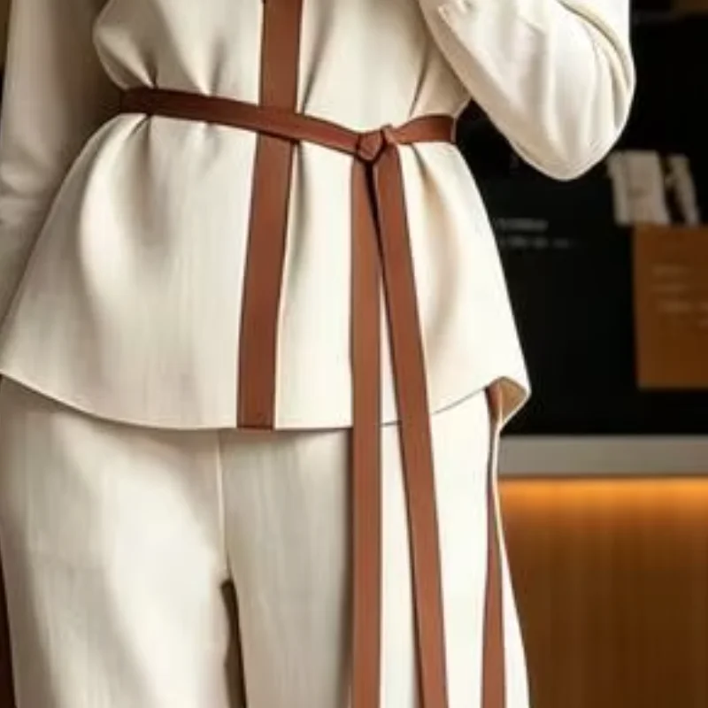 

Basic Simple Women Set Long Sleeve Stand Collar Open Front Top And Wide Leg Pants Lounge Outfits with Belt