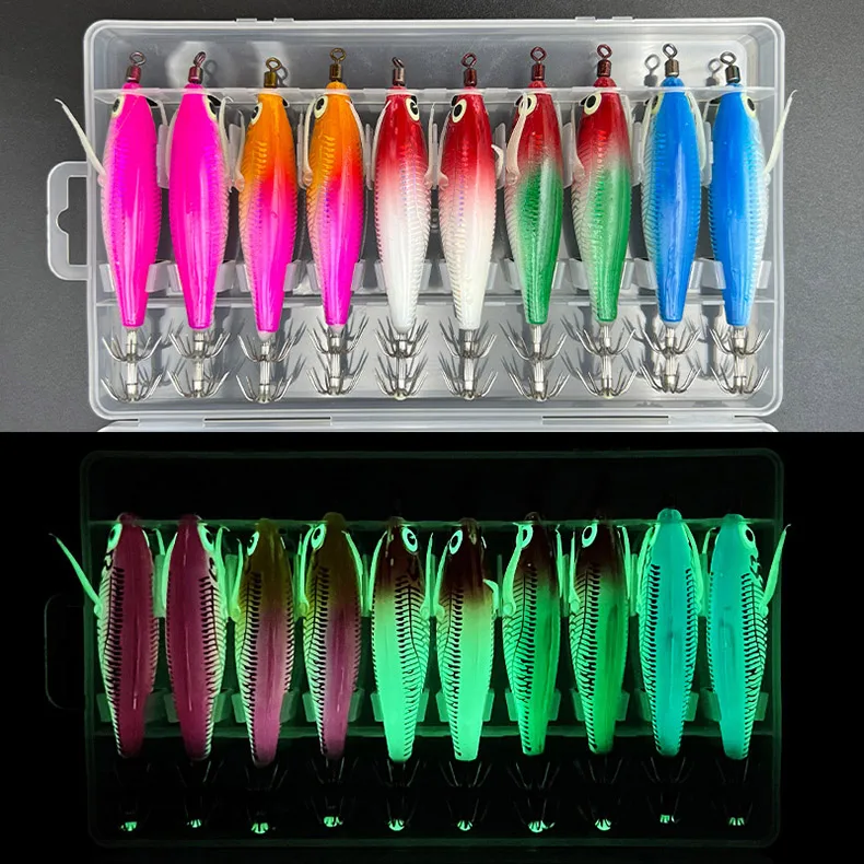 ShareShark 10 Stück/Box 8cm/5,7g Garnelen-Angelköder Leuchtende Tintenfisch-Jigs Haken Meeresangel-Zubehör Künstlicher Köder Oktopus-Köder – Detail 15