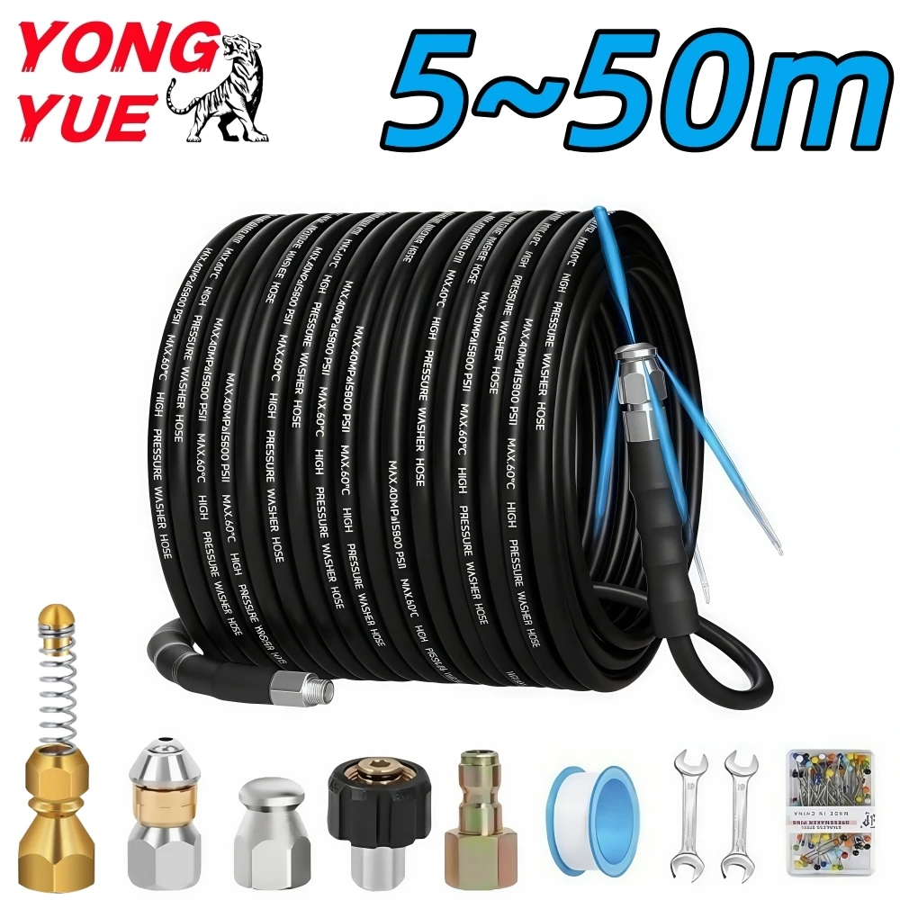 

5~50m Sewer Drain Water Cleaning Hose 5800PSI Pressure Cleaning Machine Hose 1/4" NPT Pipeline Cleaning Nozzle Sewer Jetter Kit