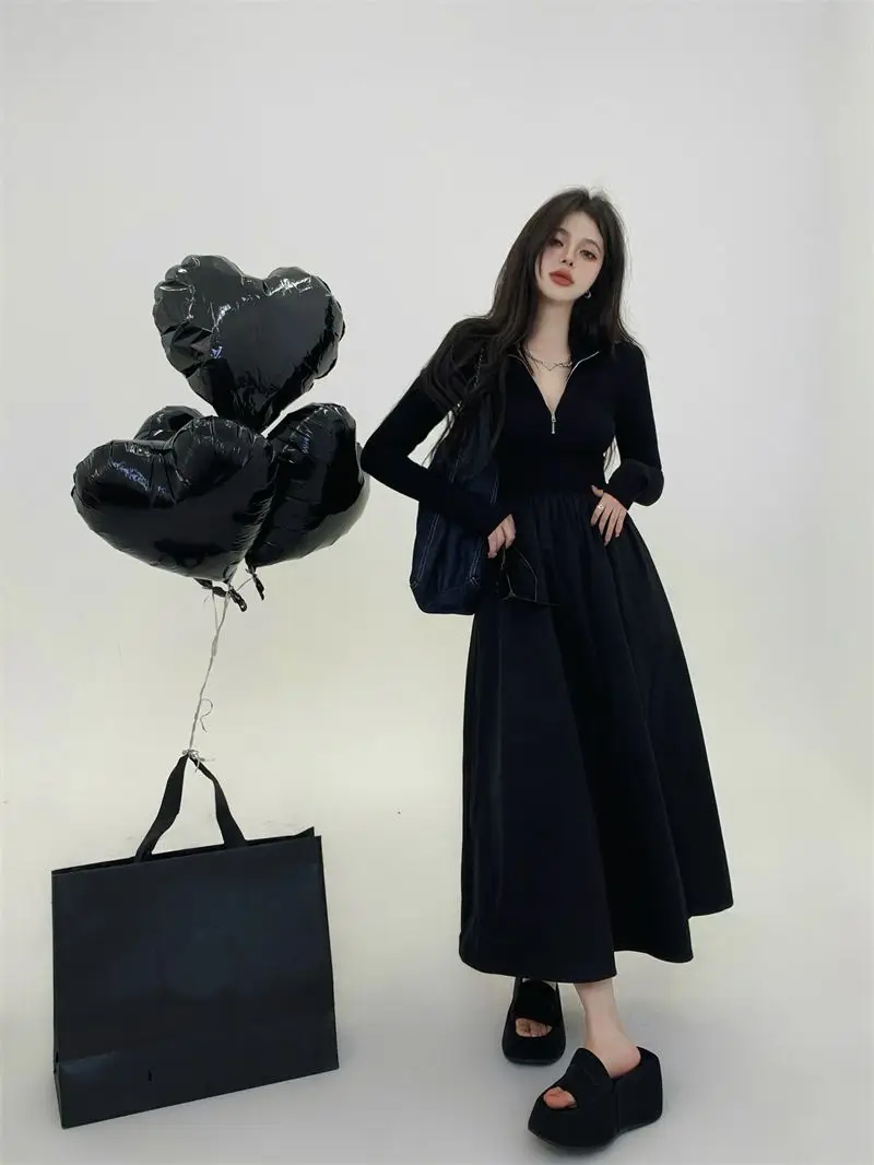 Hong Kong Style French Dress Design, French Slim Fit Long Skirt Socialite Style Long Sleeved Waist Cinched Black Skirt