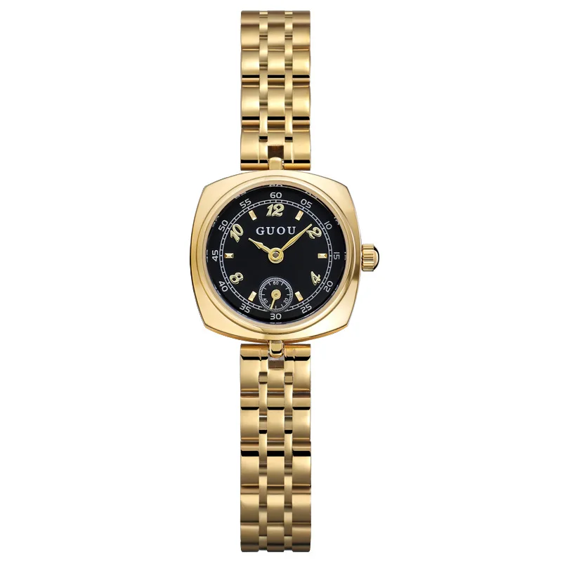 New Stainless Steel Strap WatchSmall And Delicate, With A Small Gold Dial And Square Case; A Fashionable Quartz Watch For Women.