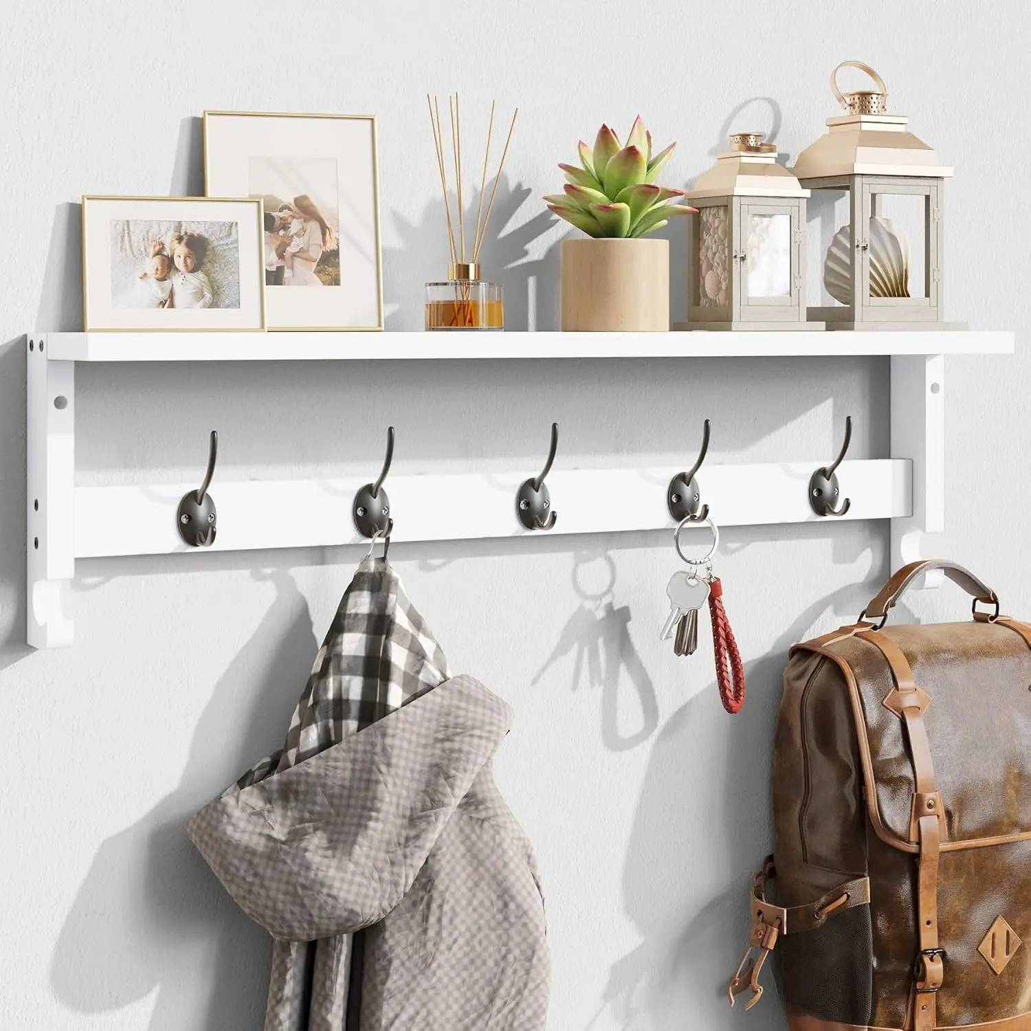 Coat Rack Wall Mount with Shelf, 28.9 Inches Coat Hooks Wall Mounted with 5 Hooks, Hat Wall Hooks (White, 28.9 * 4.5 inches)