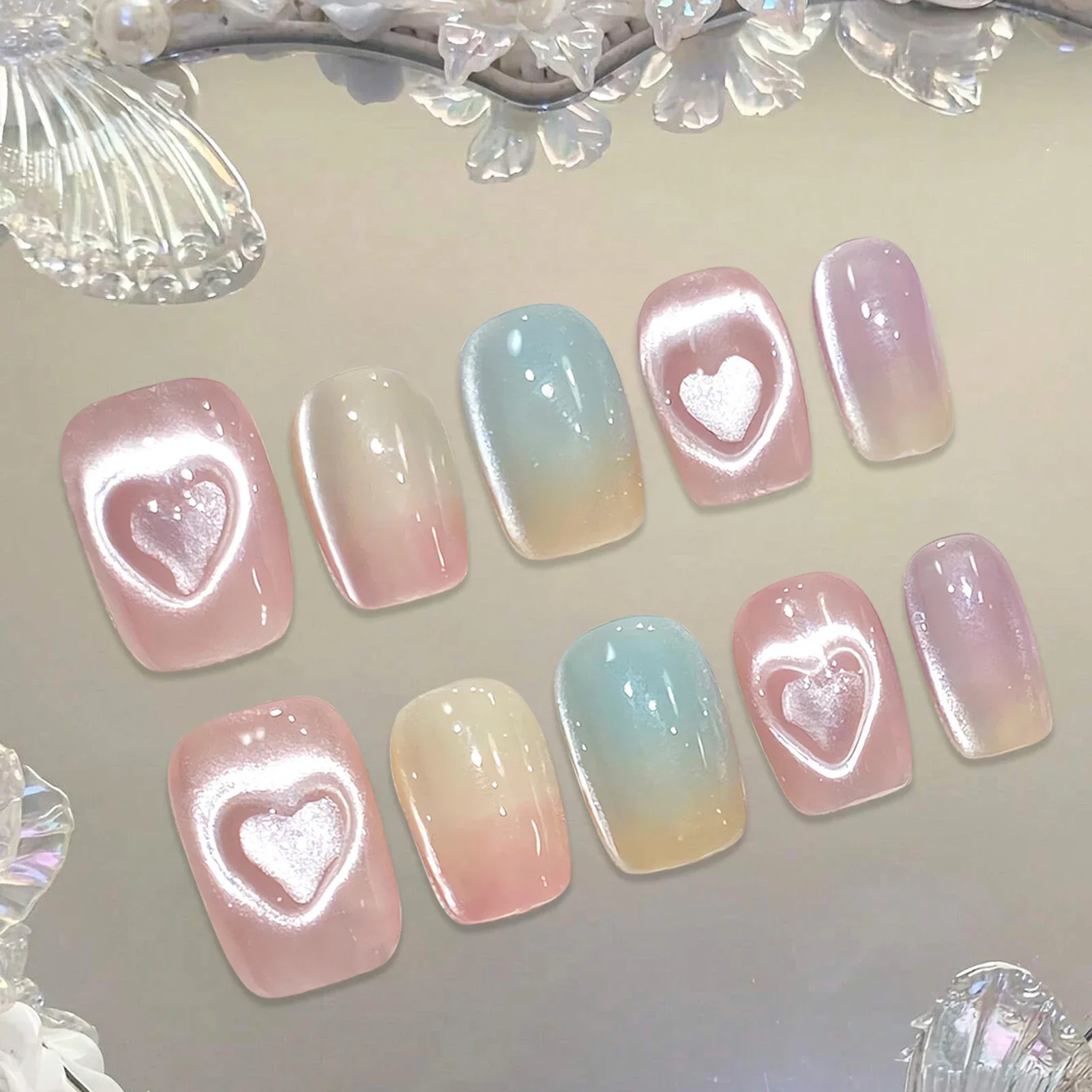 Faux ongles yeux de chat rose, faits à la main, à pression, avec nœud papillon, motifs de cœur d'amour, couverture complète, pointes pour femmes, manucure à faire soi-même