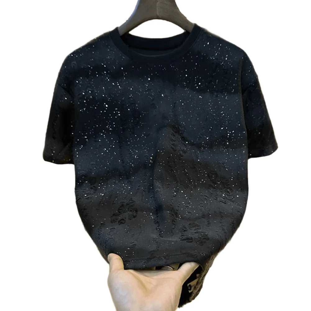 Men Rhinestone Rivet T-Shirt Round Neck Casual Korean Short Sleeve Bling Tee Summer