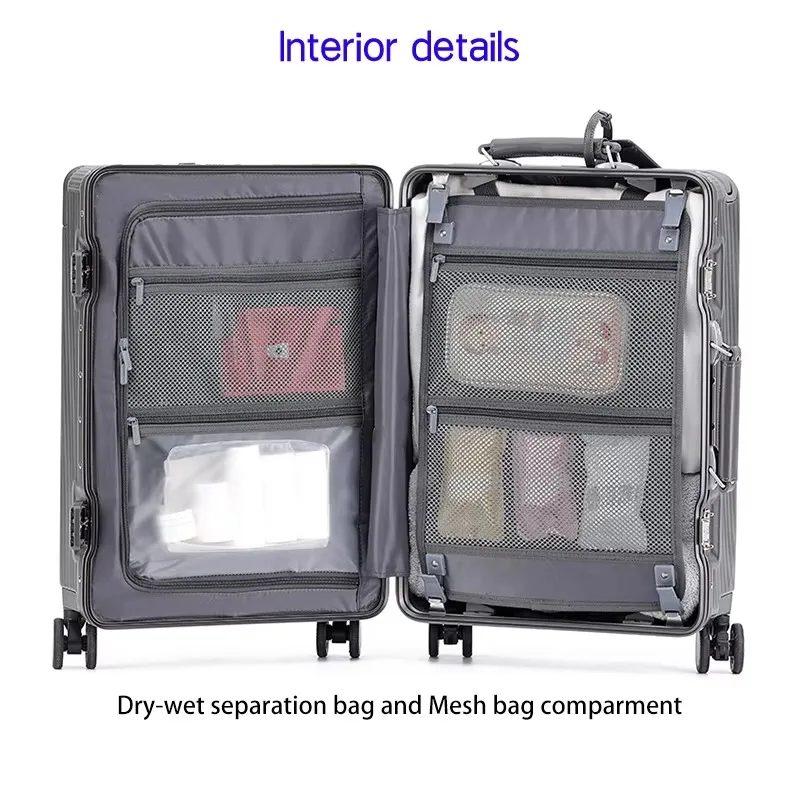 جديد الجبهة افتتاح جيب المتداول الأمتعة سبائك الألومنيوم الإطار واسعة مقبض عربة حقيبة مع عجلة USB شحن المكونات قفل TSA