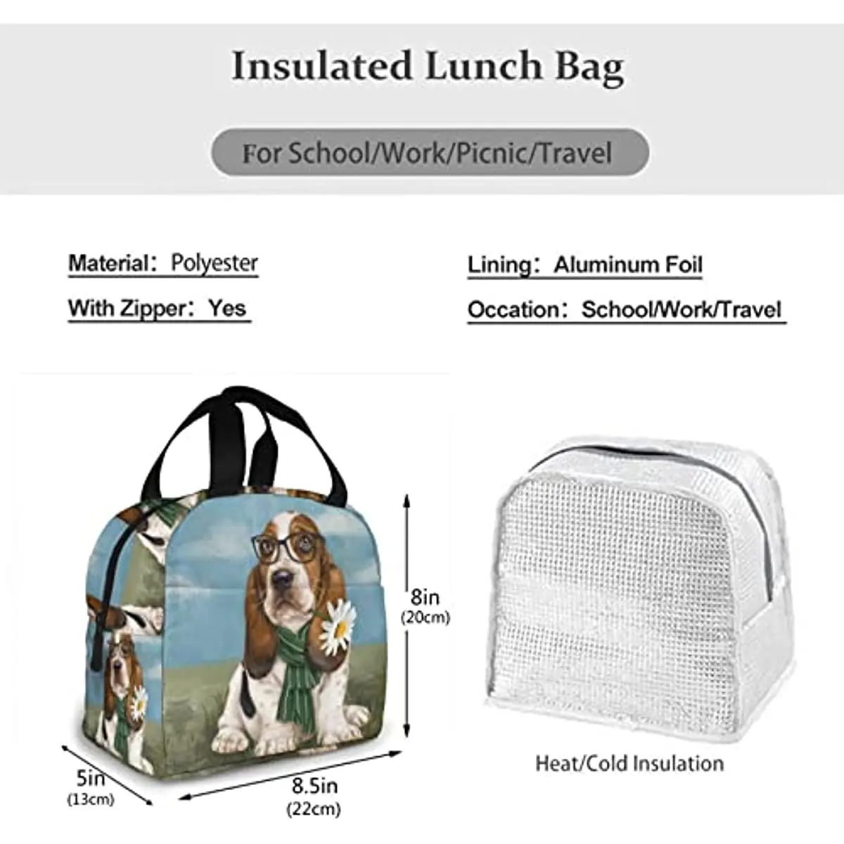 Basset Hound Dog Portable Lunch Bag Woman Waterproof Tote Shoulder Bags Box Small Handbagspicnic Office School Lunch Box Bag