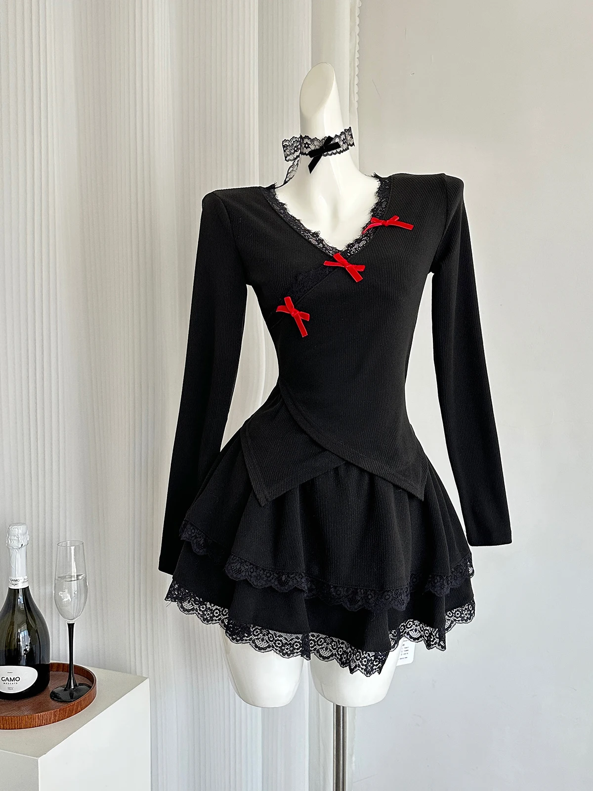 Women Fall Sexy Coquette Gothic Style Dark Black 2 piece Sets Cutecore Shoujo girl Skirts Dresses fo Japanese jirai kei Clothes