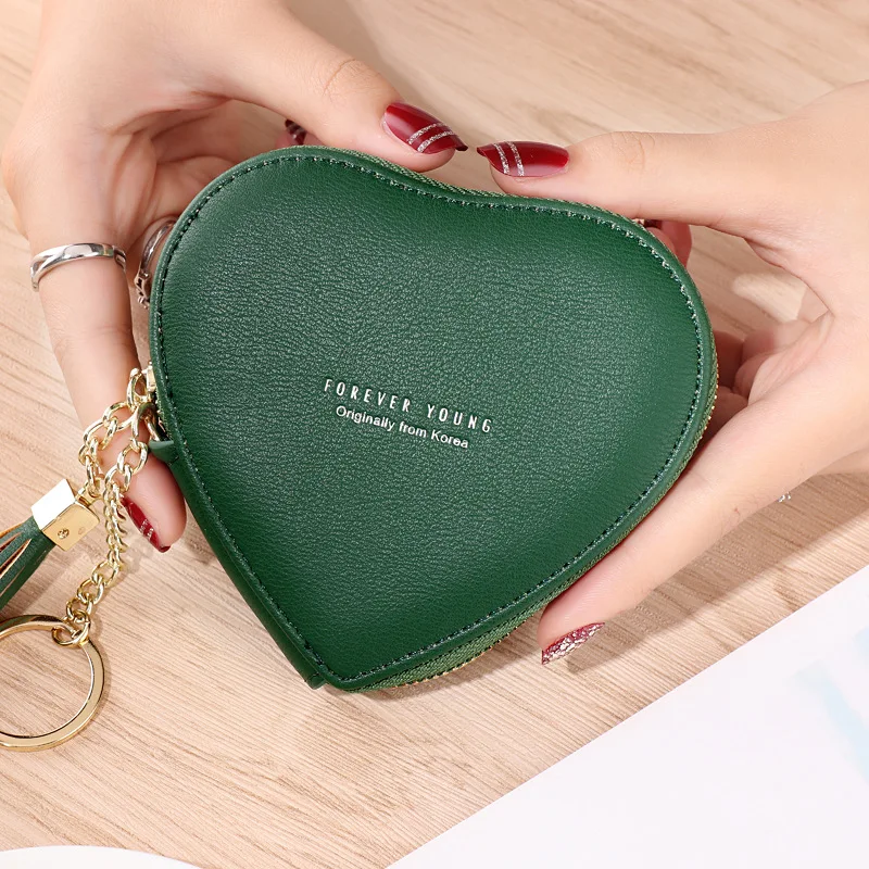 Fashion Heart Shaped Small Purses with Keychain PU Leather Women\'s Cute Mini Tassels Zipper Coin Wallets Money Bag Pouch