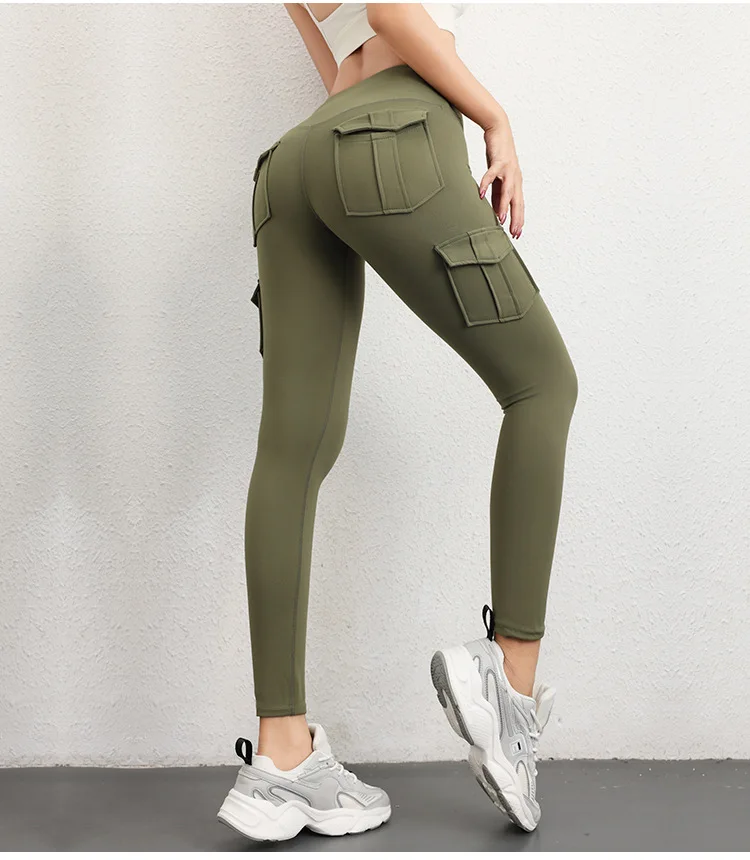 Multi-pocket High Waist Solid Color Yoga Pants  Sporting Workout Leggins Pants Yoga Leggings For Women Elastic Slim leggings