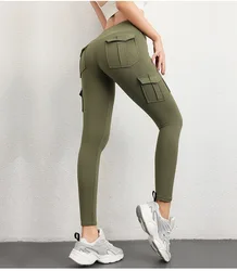 Multi-pocket High Waist Solid Color Yoga Pants Sporting Workout Leggins Pants Yoga Leggings For Women Elastic Slim leggings