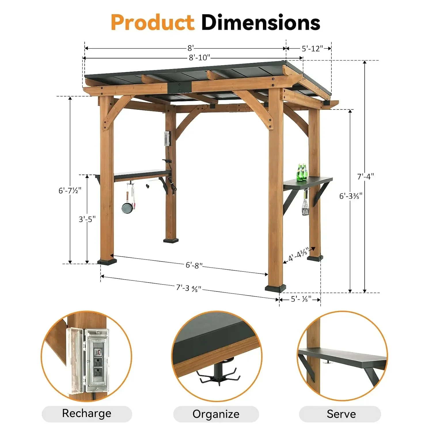 Modern Shade Wood Grill Gazebo 6x8 with USB Charging Power Strip & Shelves, Customized
