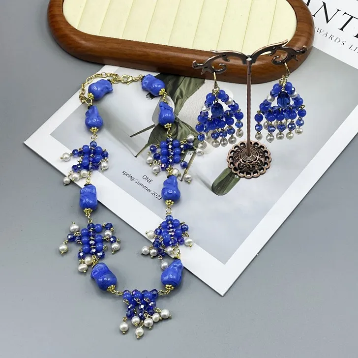 

Medieval Vintage Retro Blue Colored Glzae Glass Baroque Freshwater Beads Flower Mix Heavy Industry Necklace Earrings Set