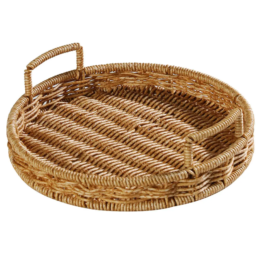 سلة خبز منسوجة مستديرة من البلاستيك حامل تخزين الروطان المقلد سعة كبيرة صينية تقديم الفاكهة للوجبات الخفيفة سطح المكتب المحمول