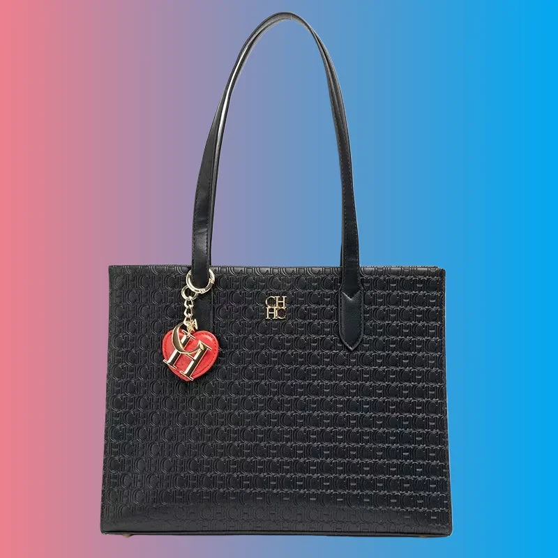 

CH Elegant Black Embossed Tote Bag with Heart Pendant Large Capacity Shoulder Bag for Women Fashion Luxury Designer Handbag