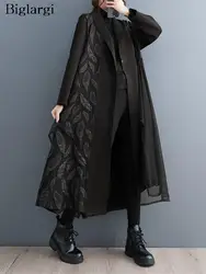 Oversized Autumn Long Trench Coat Women Print Fashion Patchwork Ladies Windbreak Ruffle Pleated Loose Woman Jackets Coats 2023