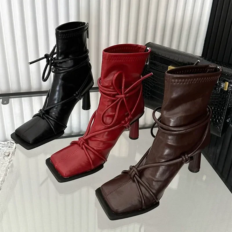 

New Luxury Cross Strap Design Square Toe Ankle Boots Women 2025 Winter Sexy Thin Round High Heels for Women Back Zip Botas Mujer