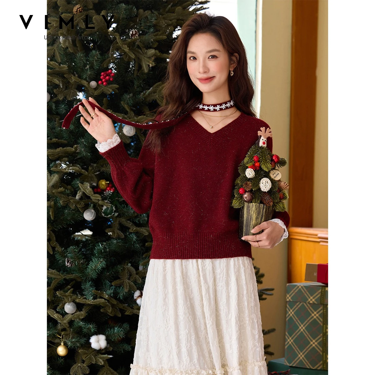 VIMLY Red Sweater Women 2026 Autumn V-neck Glitter Christmas Lace Splicing Knit Pullovers Casual Loose-fit Long Sleeve Top 30618