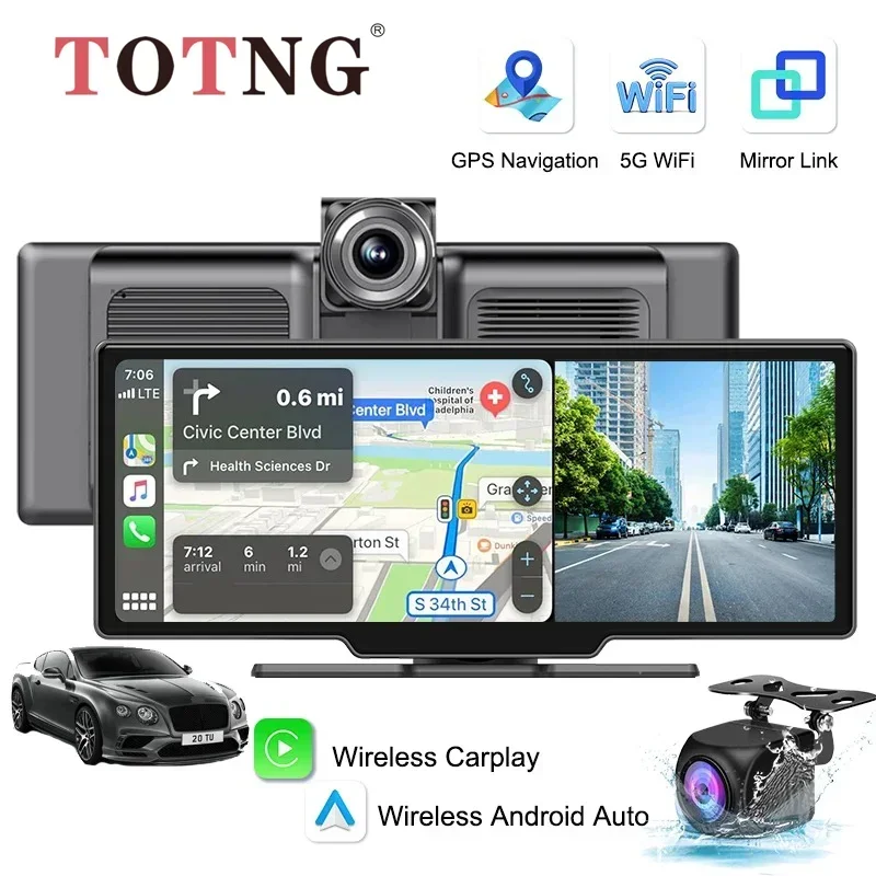 10.26'' Dash Cam 4K Car Mirror Video Player Wireless Carplay Android Auto GPS Car Monitor Multimedia Rearview Camera Dashboard