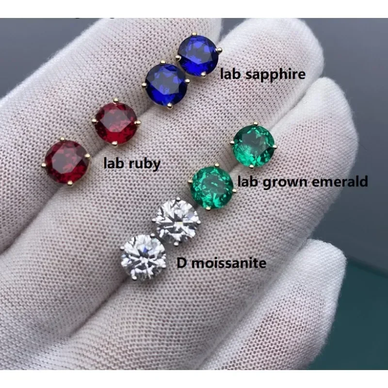 

Ruihe 18k Soild Gold Earring Studs Threaded Earpins Setting 6.5mm Lab Green Emerald Ruby Sapphire and Moissanite Simple Jewelry