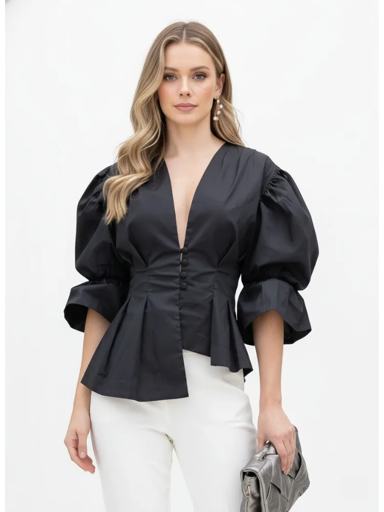 

Bonboho 2025 New Women's Black Deep V-neck Shirt Puff Sleeves Asymmetric Blouse Spring and Summer Casual T-shirt Tops