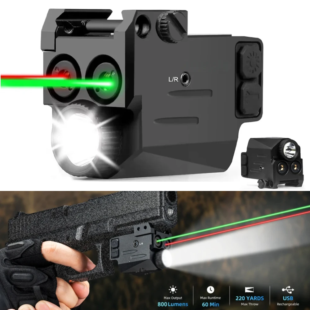 800 Lumen Tactical LED Flashlight with Red Green Laser Pistol Light USB Rechargeable Weapon Handgun Light Airsoft Hunting Shoot