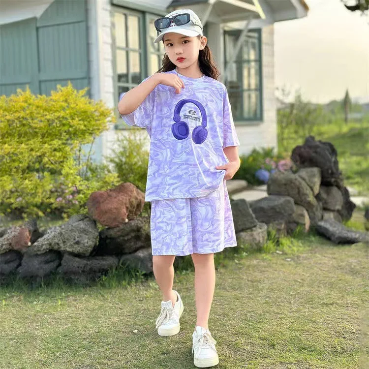 Girls Sports Suit Medium Children Summer New Solid Color Fashion Korean Version Short-sleeved T-shirt Top Pants Two-piece Set