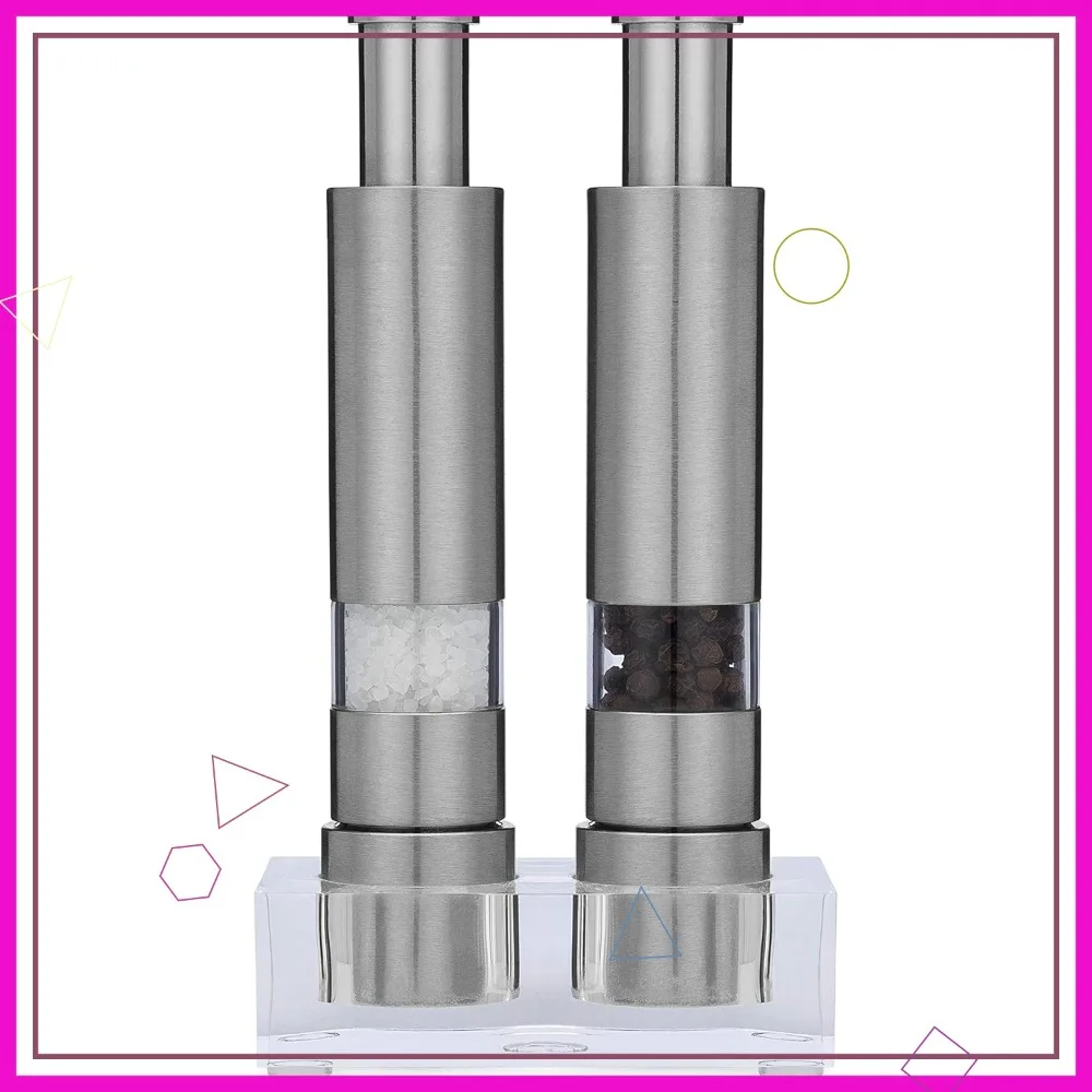 

Pump & Grind Salt and Pepper Grinder Set, Refillable Thumb Press Mill with Stand