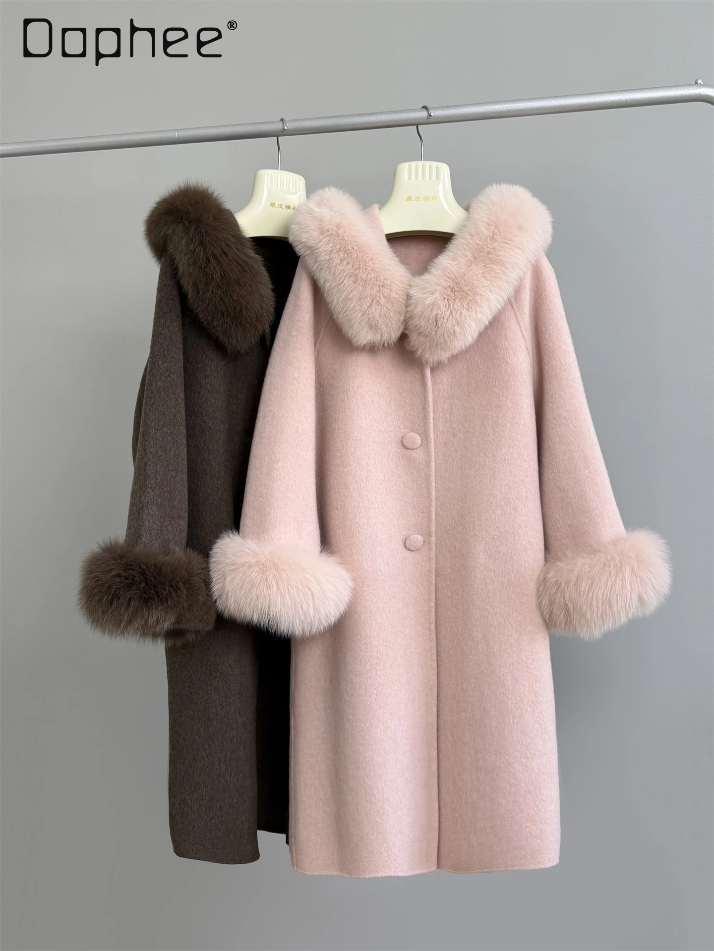 

Elegant Fox Fur Collar Long Wool Coat Double-Sided Woolen Autumn Winter New High-End Fashion Single-Breasted Wool Coat Women