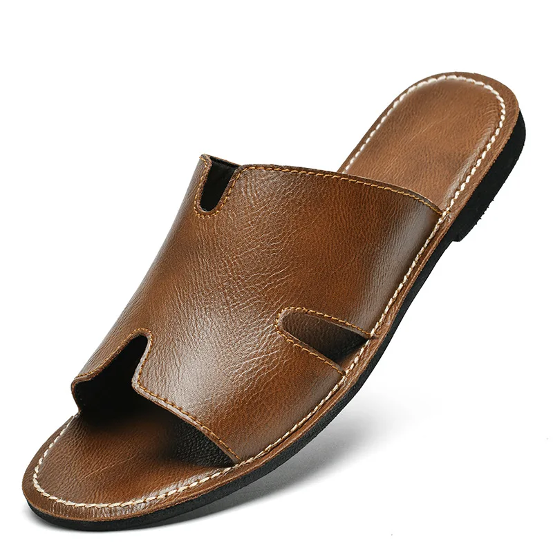 2024 New Designer Men Genuine Leather Slipper Summer Fashion Slides Simple Sandals Comfortable Cool Beach Shoes