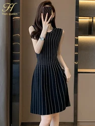 H Han Queen 2024 Summer New Elegant Party Dresses Korean Stripe Vintage Vestido A-Line Casual Office Short Dress Woman Clothes