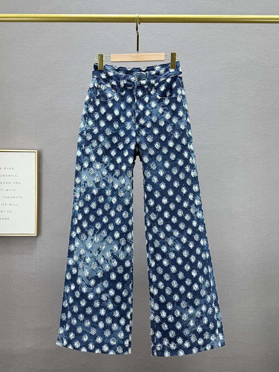 

Женские джинсы с высокой талией и широкими штанинами, весна 2025, новинка, с вышивкой и стразами, свободные, стройнящие, длиной в пол