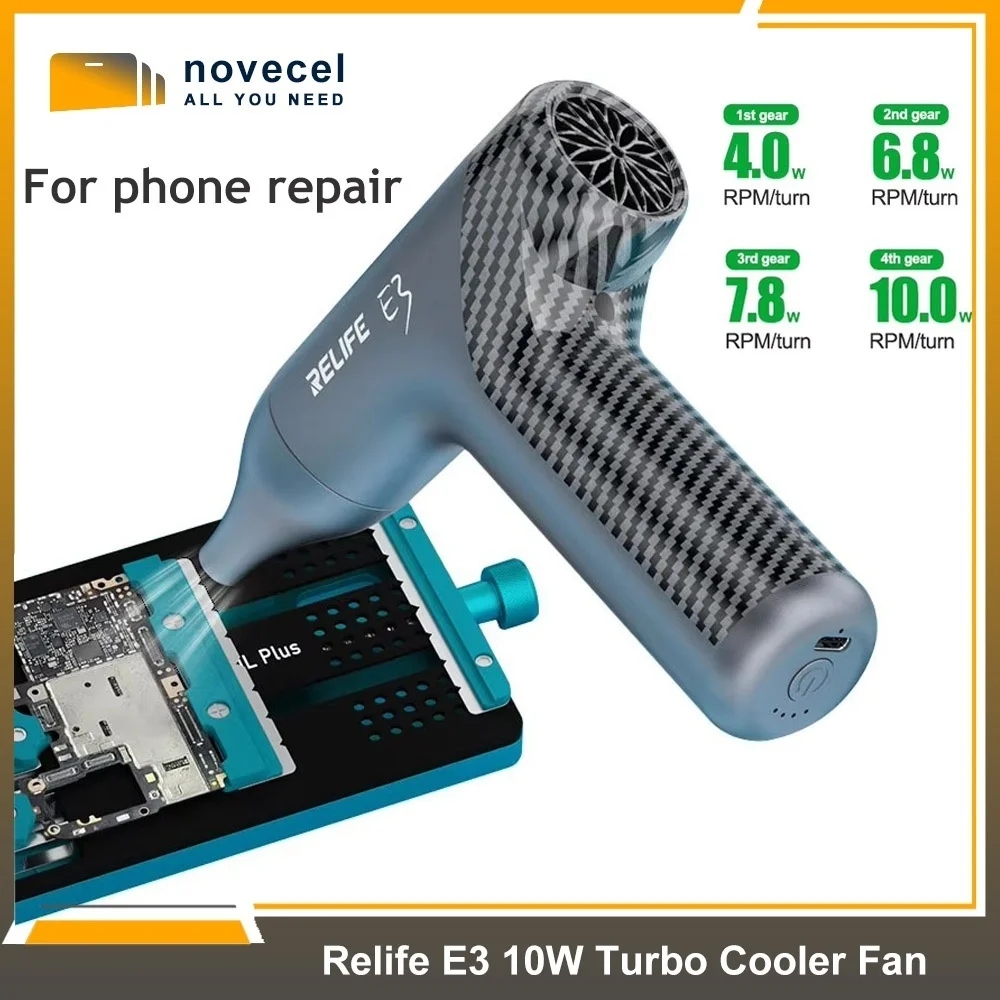 RELFIE E3 10W Turbo Cooler Fan Speed Brushless Motor Portable Handheld Duct Fan Carbon Fibre Design for Phone Repair Tool