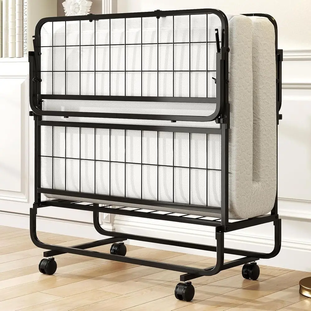 Old Twin Size Foldable Guest Bed with Sturdy Frame, Space Saving Design for Easy Storage, Portable Roll Away Beds with Mattress