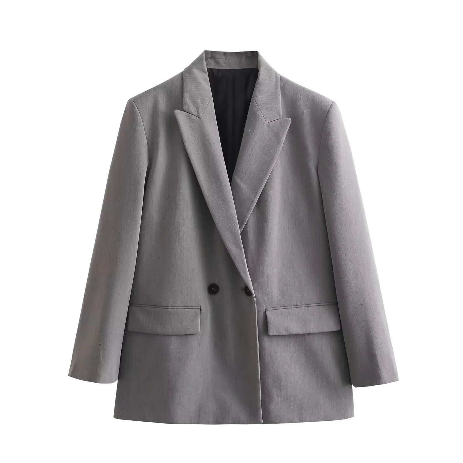 RARA 2024 Women's Classic Double-Breasted Straight Loose Suit Jacket with Flap Pocket Solid Color Commuting Outerwear