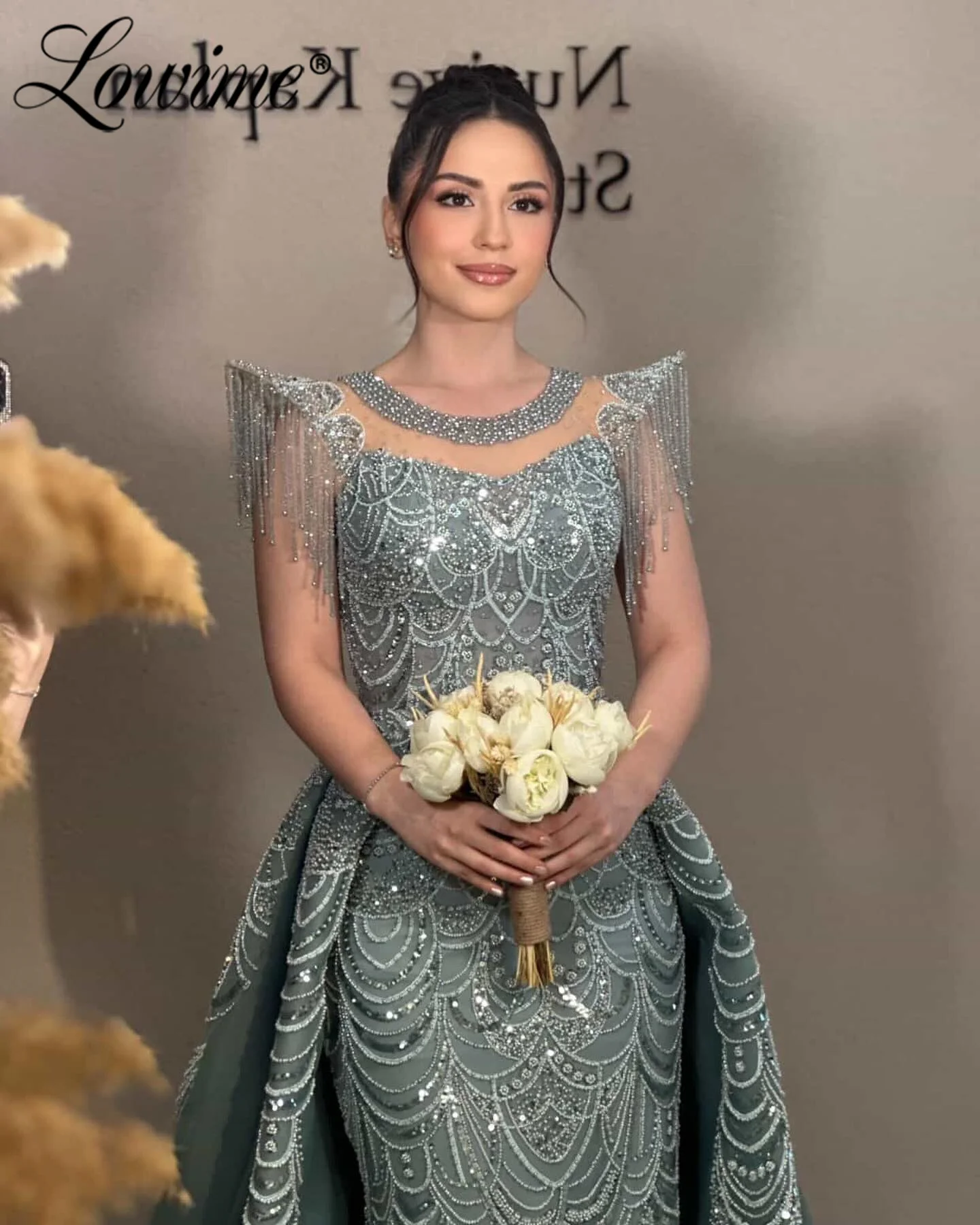 

﻿ Sage Green Long Prom Dresses 2026 Beading Tassels Wedding Party Dress Customized Arabic Evening Gowns With Detachable Train
