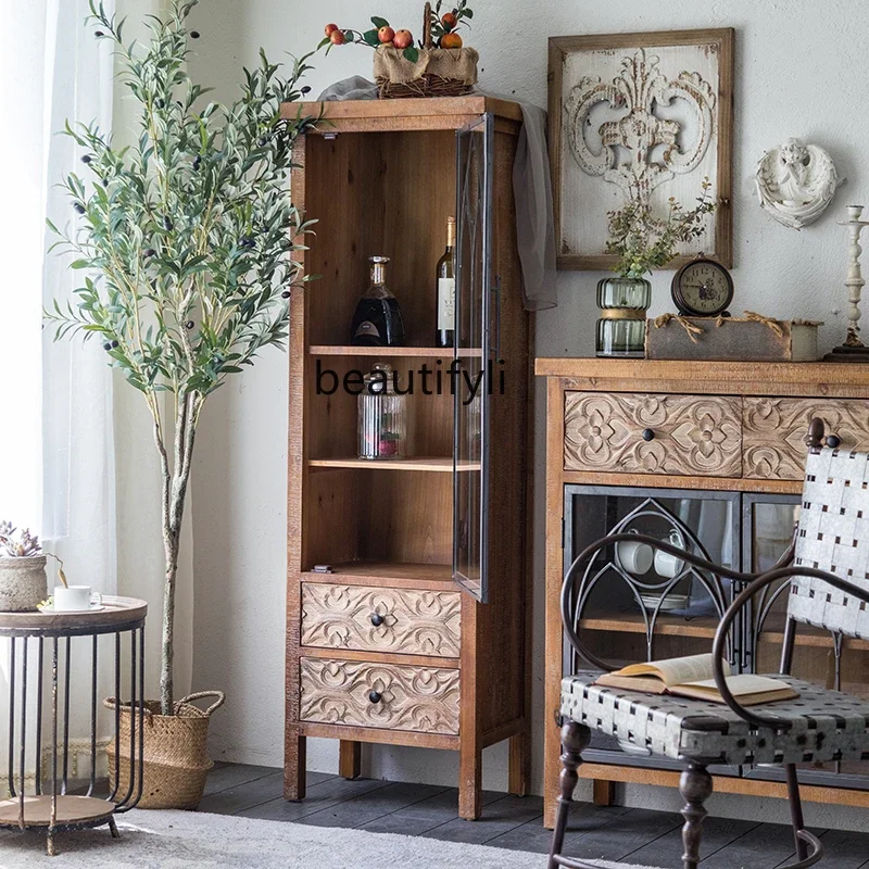 

A57 American carved dining side cabinet, living room wine cabinet, homestay decoration retro storage, tea side cabinet