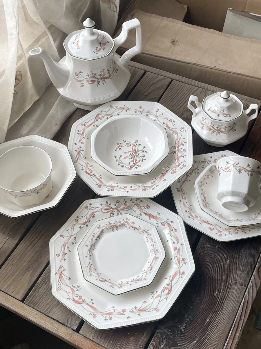 Home Use Ceramic Dinnerware Octagonal Multi- Steak Plate Green Ribbon Green Vine Flat Plate Coffee Cup Pot