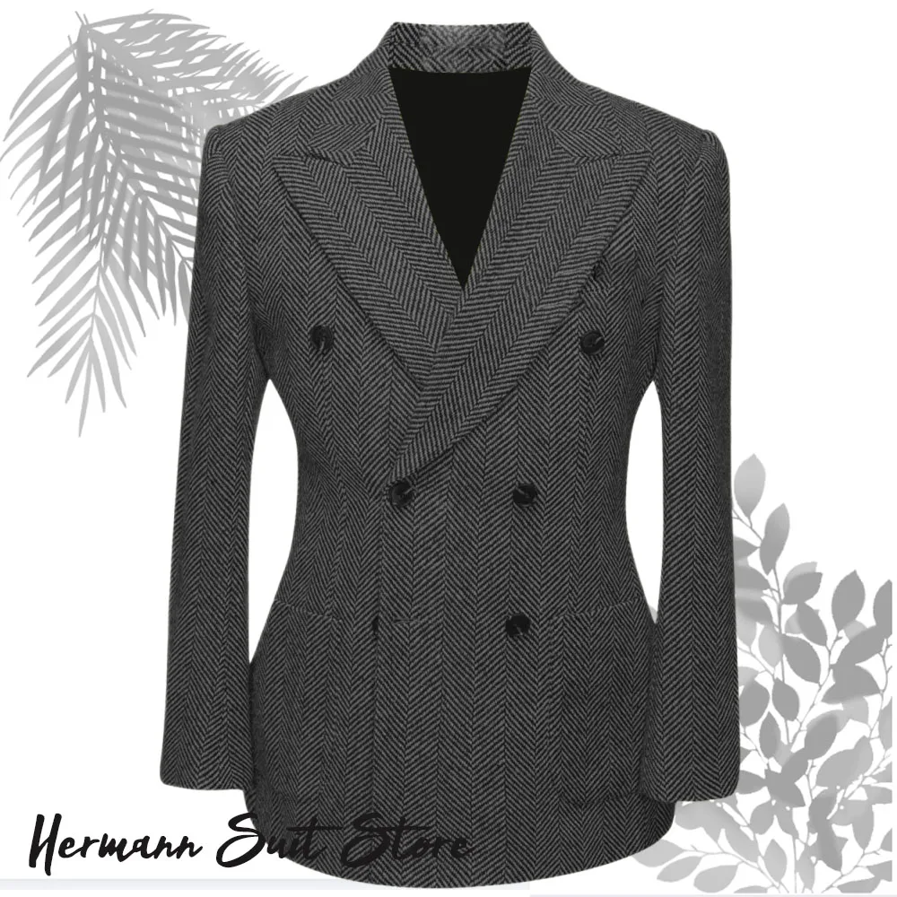 

Черный мужской деловой пиджак с рисунком «елочка», двубортный осенний пиджак, мужское пальто, костюм на заказ, куртка больших размеров