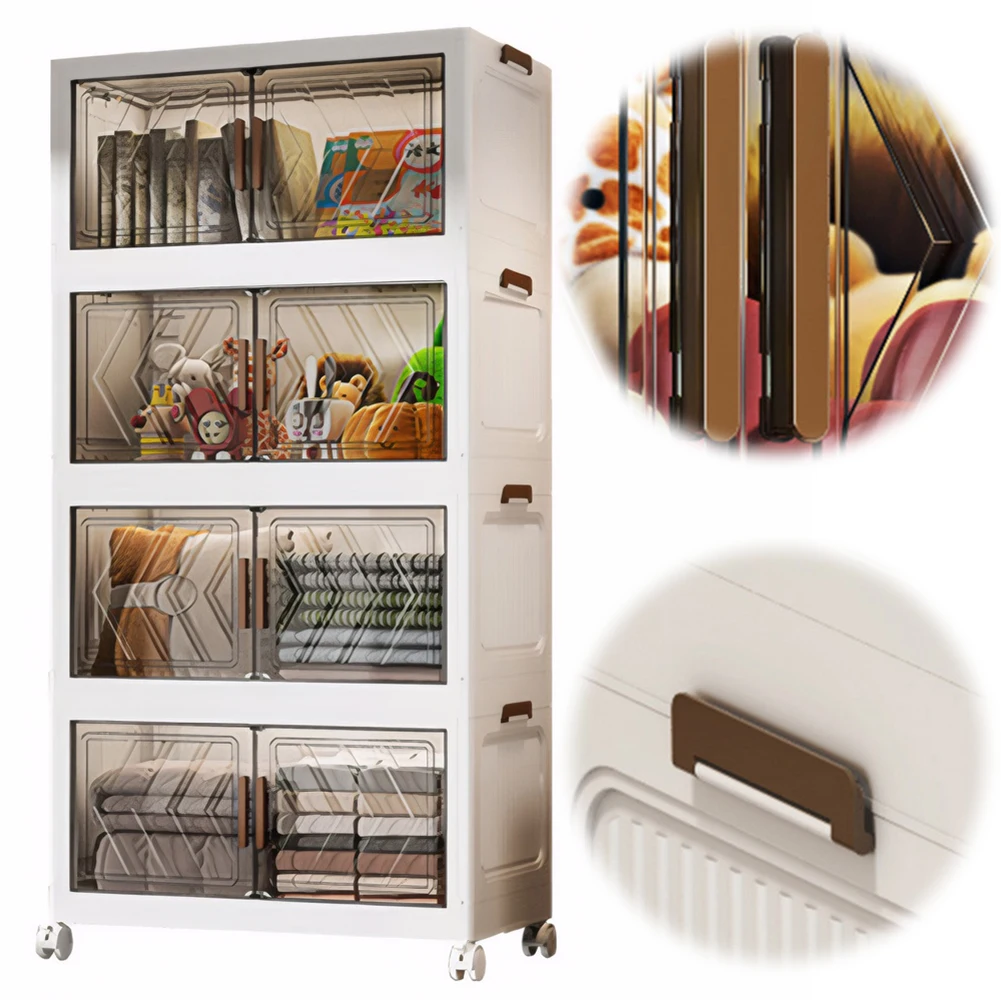 صناديق تخزين قابلة للتكديس من 4 طبقات مع أغطية مع أبواب وعجلات، صناديق تخزين قابلة للطي، منظمة قابلة للطي للمنزل والمكتب