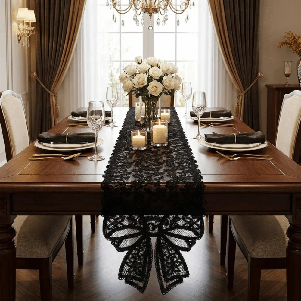 Creative Floral Cut-Out Lace Table Runner Romantic Long Strip Table Cover Bow Trim Vintage Decorative Table Cloth Festival